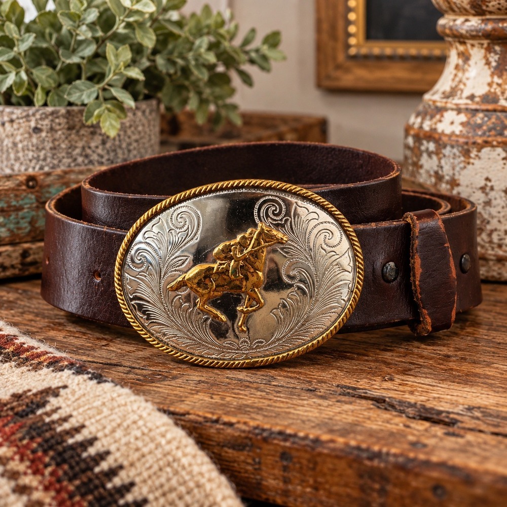 Vintage German Silver Western Leather Belt Two Tone Horse Rider Trophy Buckle
